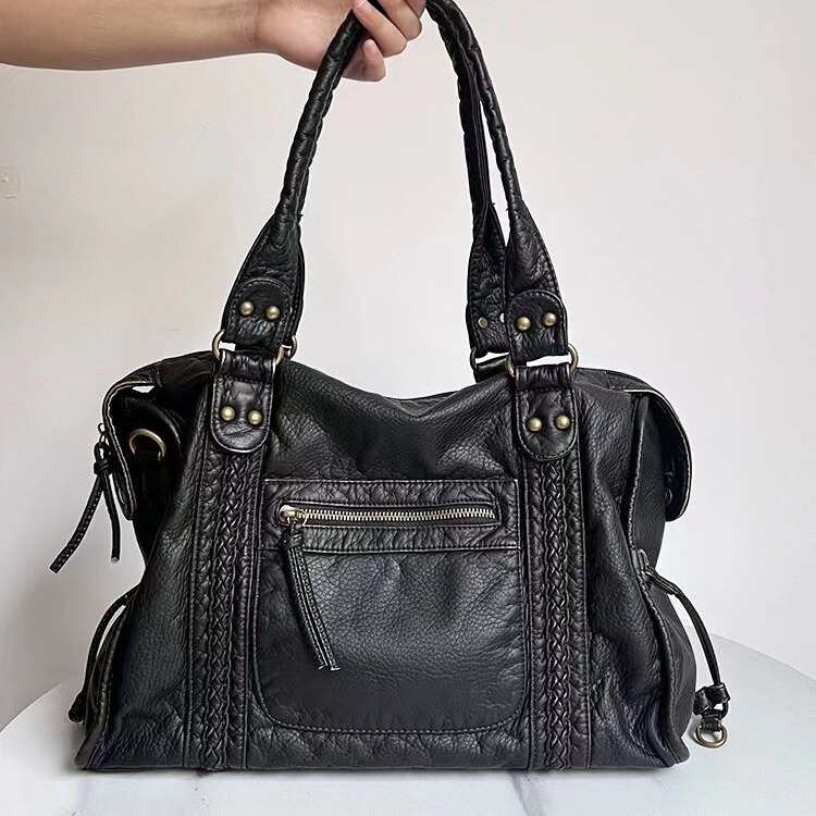 French Retro Large-Capacity Tote Bag, Washed Pu Motorcycle Bag, Cross-Border Best-Selling Single-Shoulder Crossbody Women's Bag French Retro Large-Capacity Tote Bag, Washed Pu Motorcycle Bag, Cross-Border Best-Selling Single-Shoulder Crossbody Women's Bag