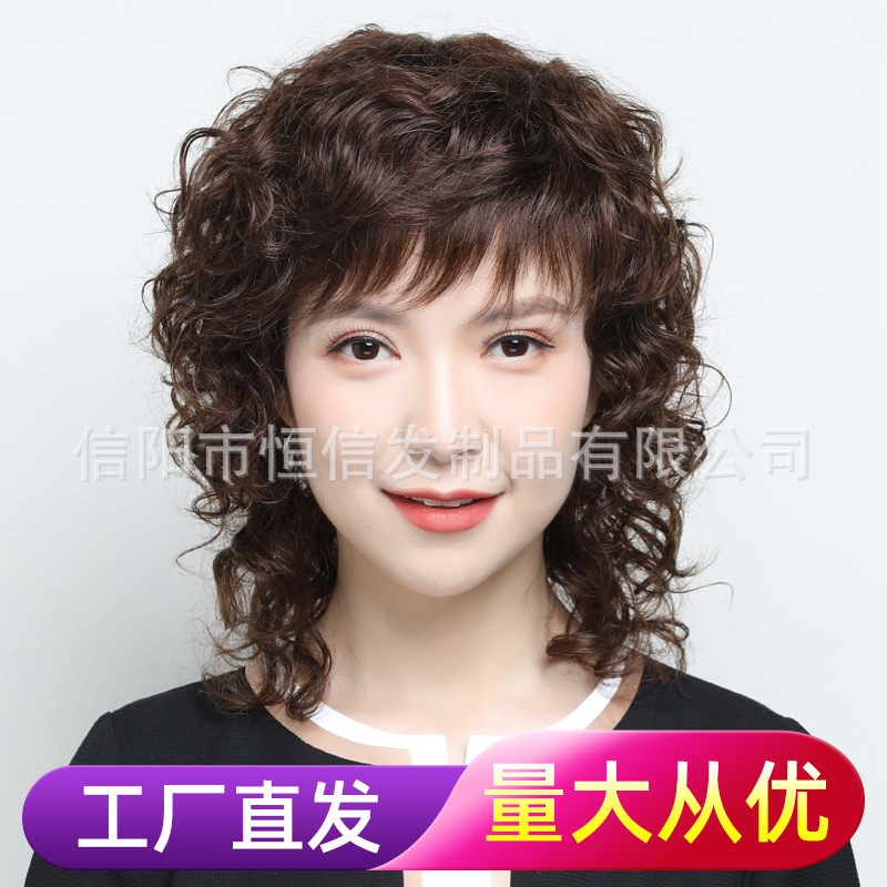 Wig women's long curly hair full head cover women's mother real hair cover full real human hair natural fake hair in stock