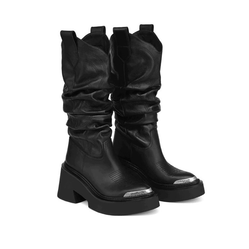 Leather Pointed-toe Boots, Pleated Slouch Boots, Metallic Mid-calf Martin Boots, Platform Platform Riding Boots