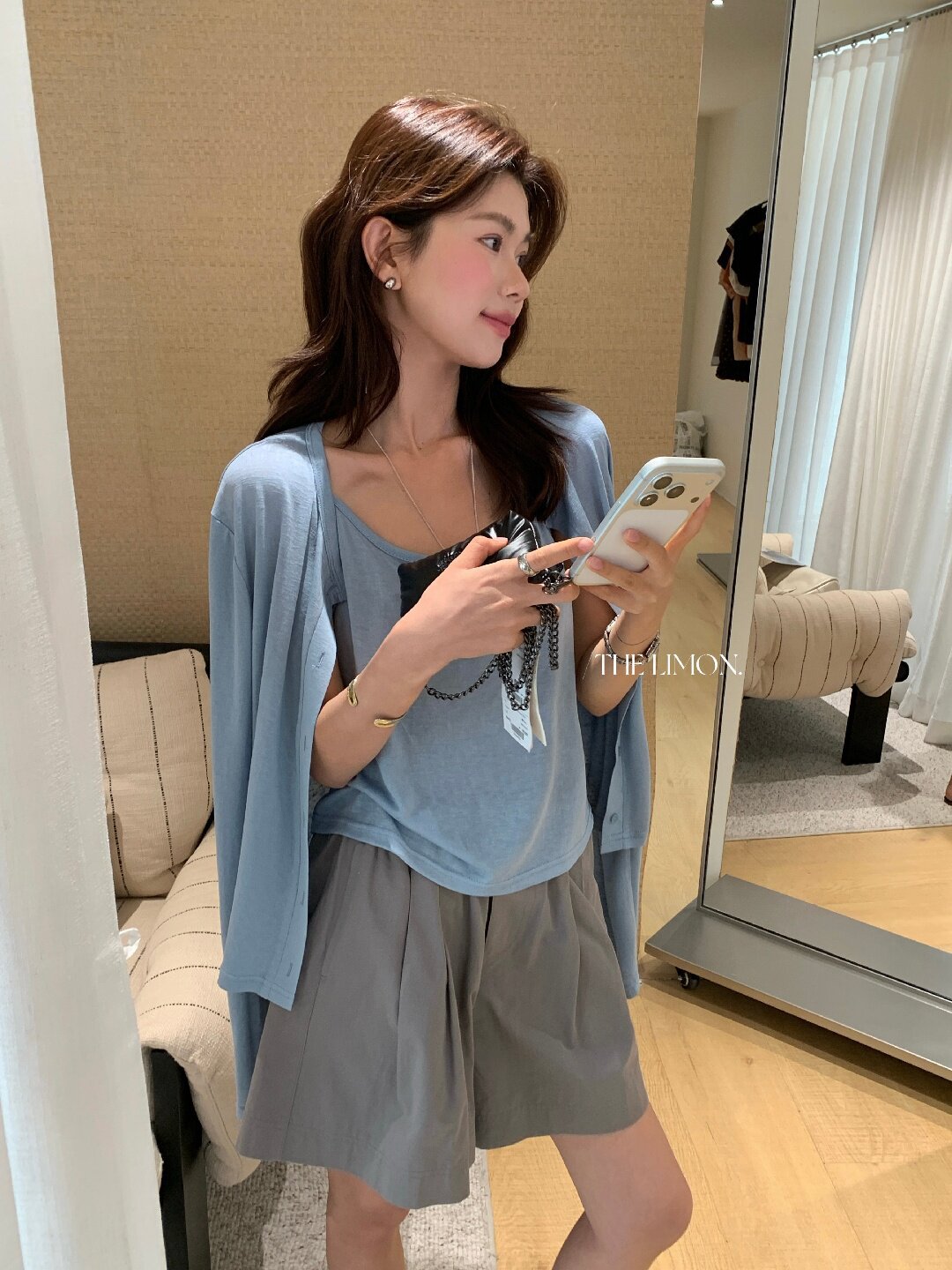 Bộ cardigan len mỏng kèm áo hai dây hai mảnh nữ mùa hè — Xám cacbon, xanh lam, màu hồng, Đậu xanh chi tiết 84