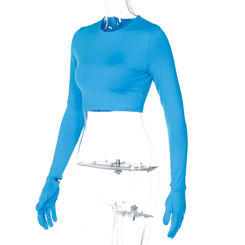 Damen 2024 Sommer Neue Mode Einfarbig Slim Fit Offene Nabelschnur Rundhals Langarm Handschuh T-Shirt Top_voghion.com