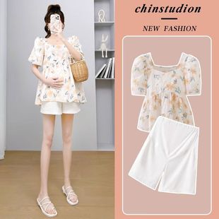 2024 New Maternity Summer Fashion Printed Floral Doll Shirt Top Belly Shorts Loose Slimming suit