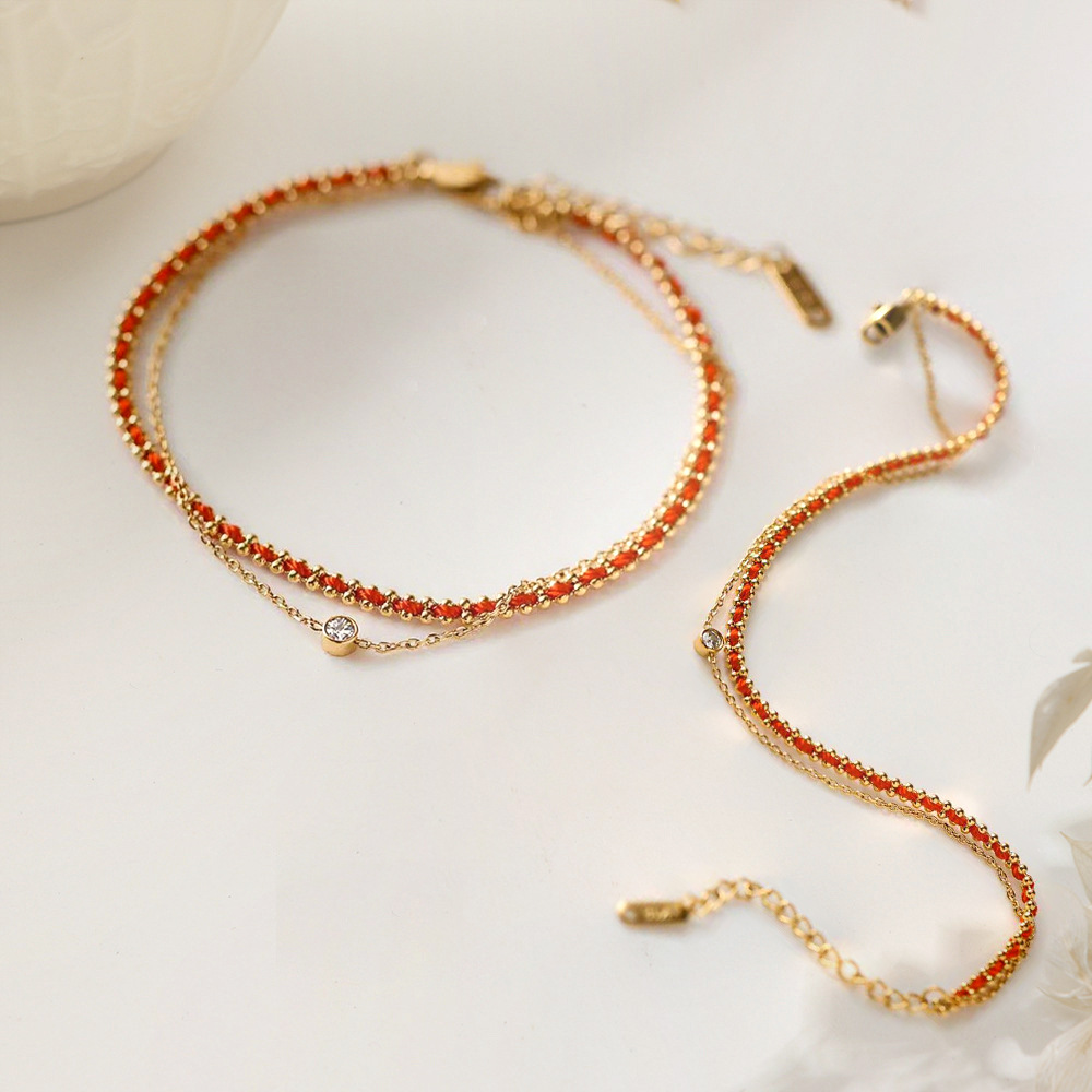Light Luxury New Chinese Style Double-Layer Single Diamond Red Rope Bracelet for Women, Exquisite and High-End Niche Personalized Design Anklet Jewelry