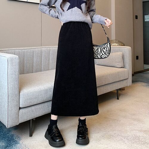 Corduroy autumn and winter velvet skirt for women's mid-long new high-waist slimming one-step dress temperament hip skirt