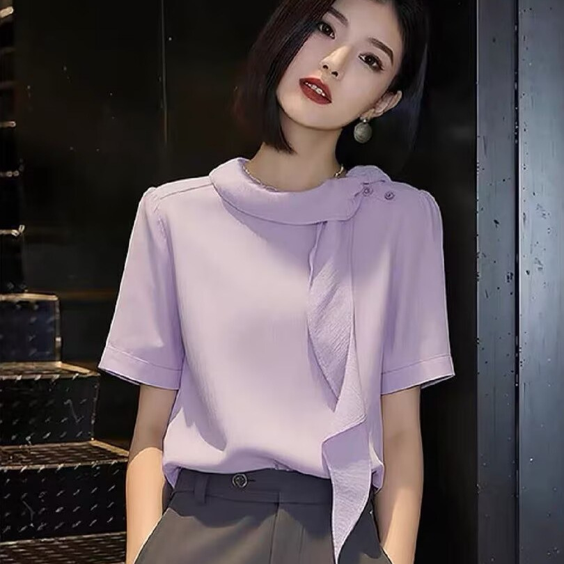 Áo sơ mi ngắn tay nữ phong cách thanh lịch, tay lụa, màu tím — màu tím chi tiết 3