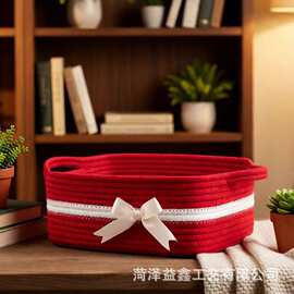 跨境棉绳编织收纳篮方形桌面玩具杂物储物筐带蝴蝶结零食篮编织筐