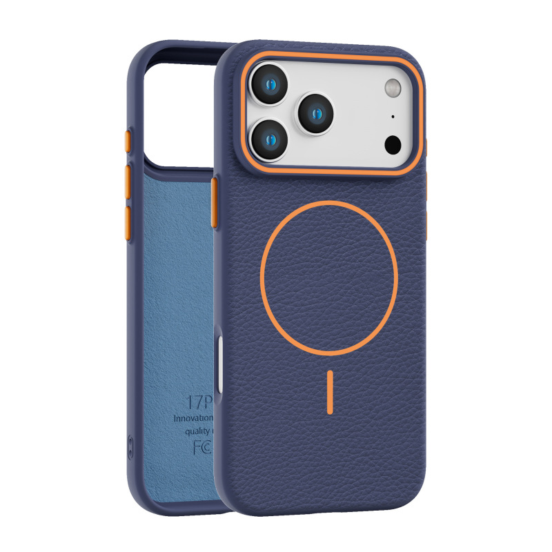 iPhone17 ブラックオレンジ磁気充電リング携帯電話ケースライチ柄 TPU Apple 16/15 フランネルオールインクルーシブ携帯電話ケース|undefined