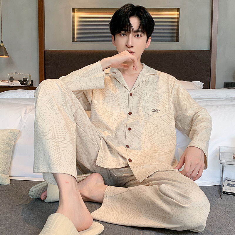 Pijama de primavera y otoño para hombres, camiseta de mangas largas, pantalones largos de tamaño grande que se pueden usar con ropa casera juvenil.