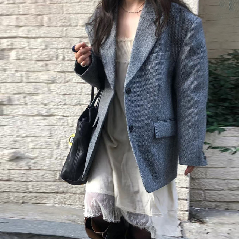 韩东大门2025秋冬新款复古百搭高级气质人字纹显瘦羊毛西装外套女|undefined