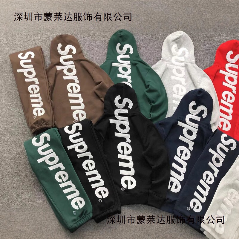 25Fw Supreme Patch Big Logo Embroidered Fleece-Lined Heavyweight Hooded Sweatshirt for Men, Autumn and Winter Style, Solid Color