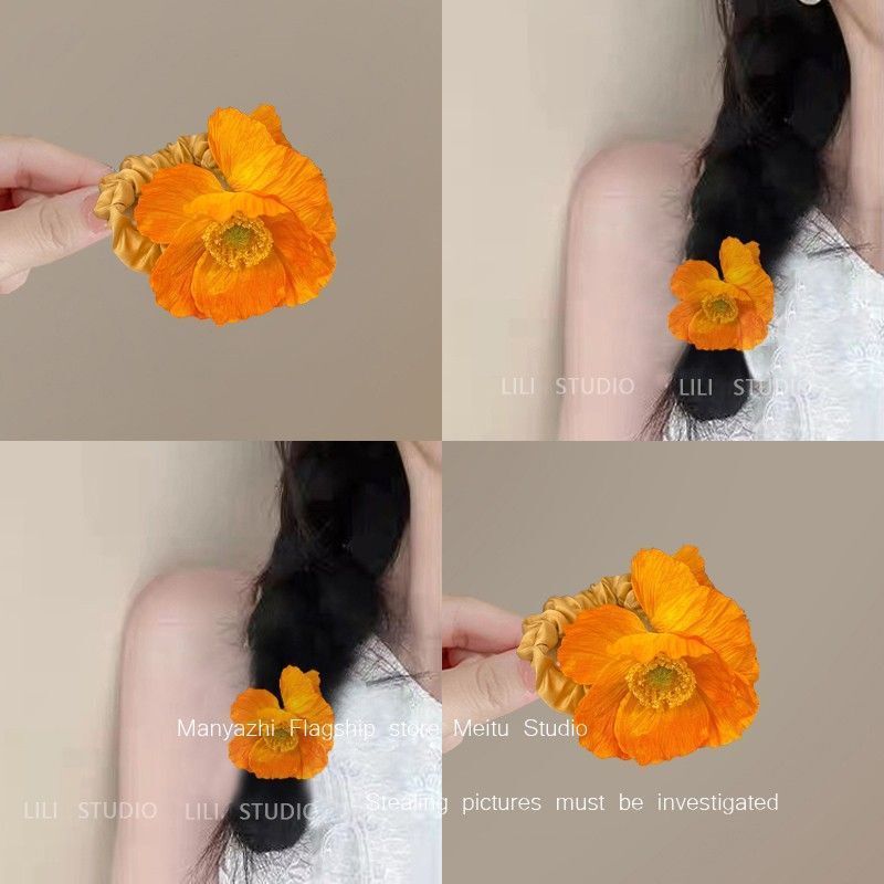 2025 poppy flower hair ring fashion girl horsetail temperament head rope foreign style all-match egg flower hair ring