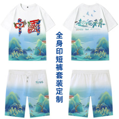 Custom digital printing short-sleeved t-shirts and shorts set, custom class uniform, workwear, round neck advertising shirts