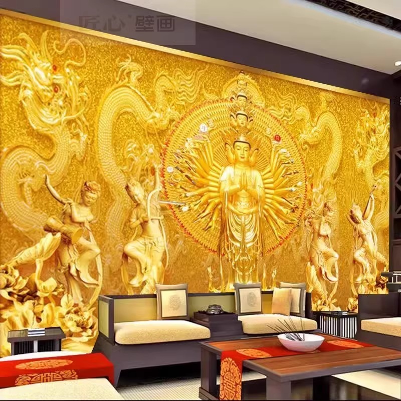 墙布藏式佛堂背景墙纸顶棚祥云壁纸全屋寺庙莲花吊顶吉祥八宝壁布|undefined