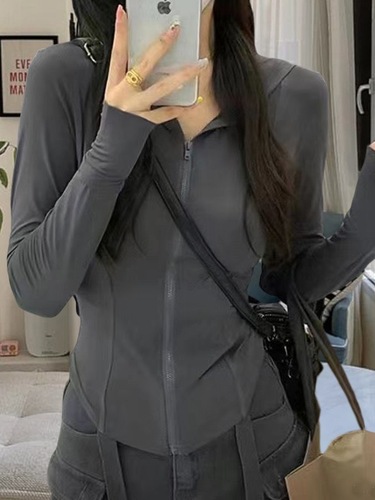 Ice-silk cool-feeling sun protection shirt summer slimming yoga top outer jacket tight top UV protection hooded zipper top