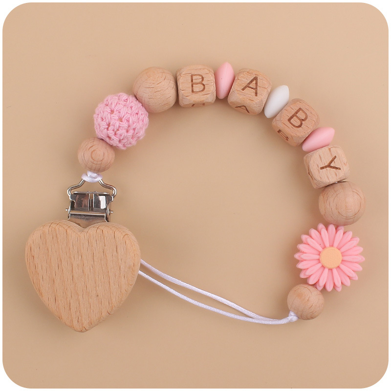 Nuevo bebé haya melocotón corazón calmante bebé DIY dibujos animados Margarita cuentas de silicona mordedura pezón cadena