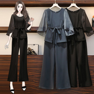 Middle-aged mother summer new fashion suit plus size women's western style young mother wide leg pants two-piece set