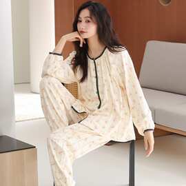 春秋新款纯棉女士长袖长裤开衫睡衣印花休闲女家居服图片色圆领