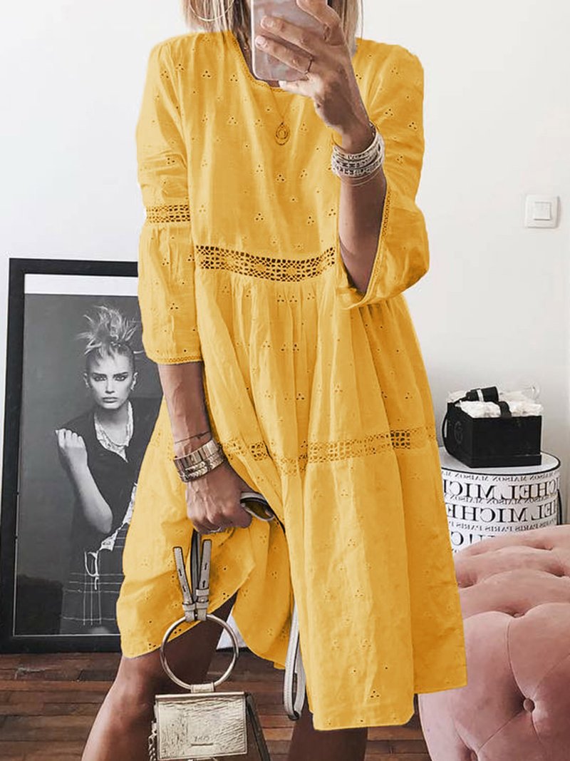 امرأة تنورة على شكل حرف A عطلة رقبة مستديرة جاكار نصف كم اللون الصامد فستان ميدي يوم الاجازة شارع display picture 2