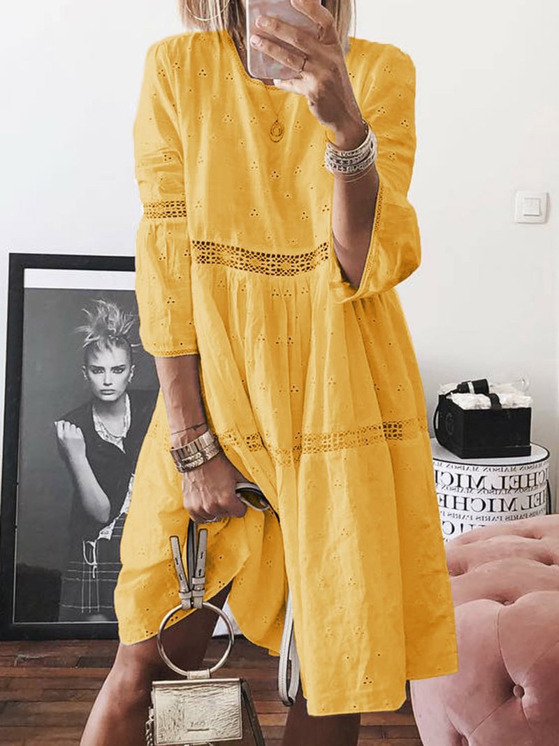 Mid Waist Waist Line Holiday, Street Occasion Round Neck Neckline Wholesale Women'S Vacation Jacquard Solid Color Holiday Street Round Neck Half Sleeve A-Line Skirt