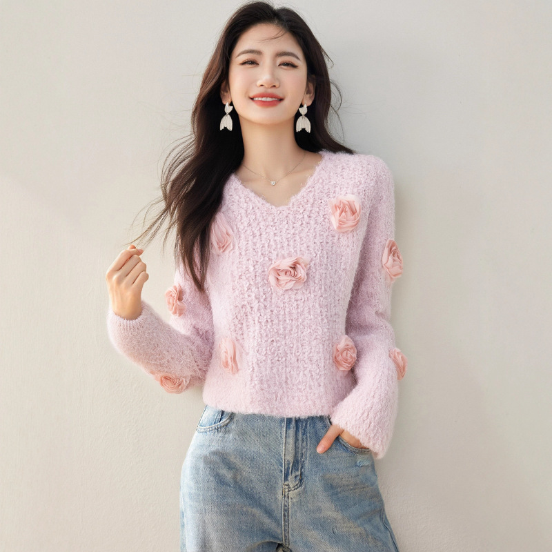 温柔甜美立体花朵粉色毛衣女士秋冬季甜美内搭软糯针织打底衫上衣|undefined