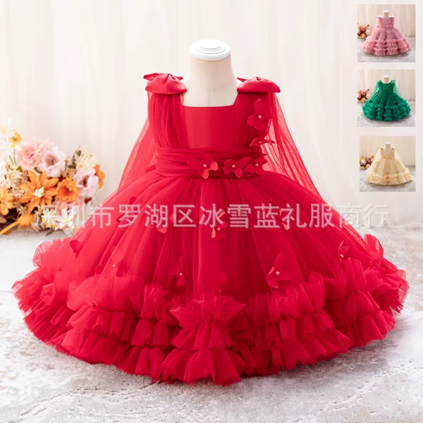Manufacturer Wholesale Flower Girl Tutu Skirt Butterfly Beaded Dress Girl Performance Skirt Children's Party Banquet Dress