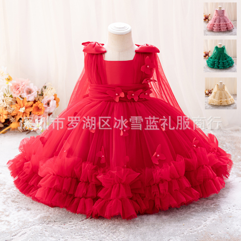 Manufacturer Wholesale Flower Girl Tutu Skirt Butterfly Beaded Dress Girl Performance Skirt Children's Party Banquet Dress