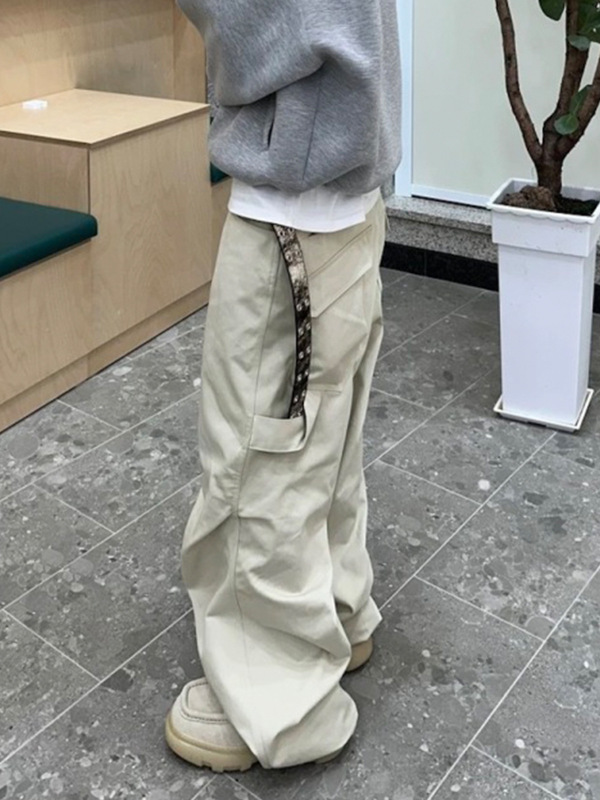MIJKO男装女打褶弯刀阔腿工装裤男女同款抽绳裤脚扣带腰休闲长裤|undefined