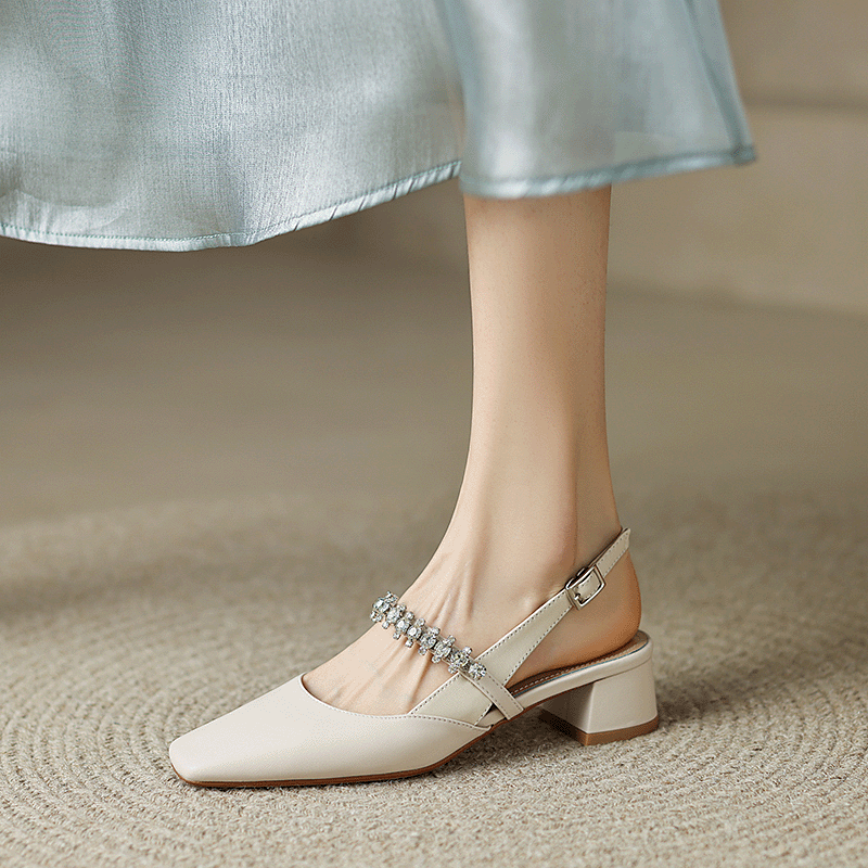 elegant Mary Jane shoes square toe with rhinestones with a strap