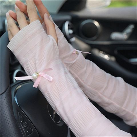 Popular Lace Pearl Bow Thin Ice Silk Sun Protection Sleeves for Women, Summer Driving Sun Protection Arm Sleeves for Women