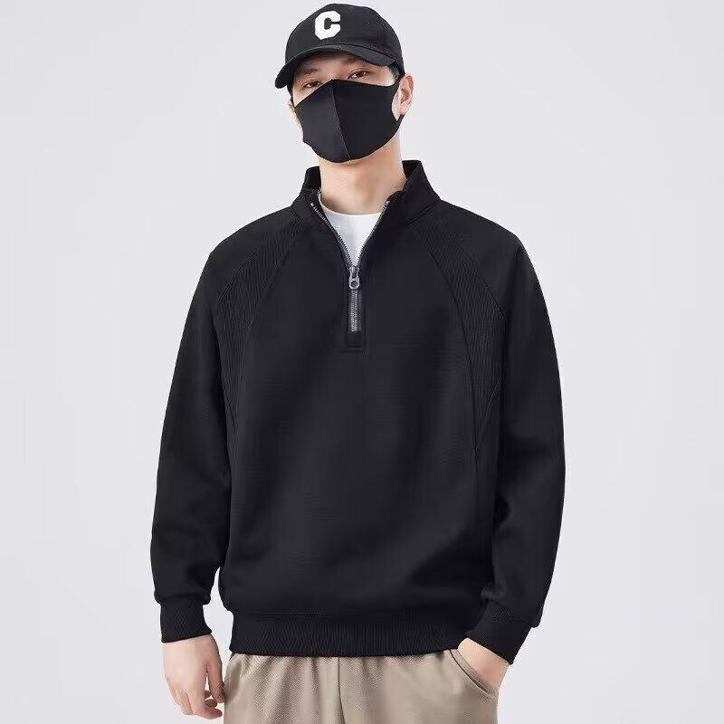 Spring and Autumn new Korean-style trendy long-sleeved sweatshirt with a crew neck, men's pullover, versatile base layer, stylish zip-up sweatshirt