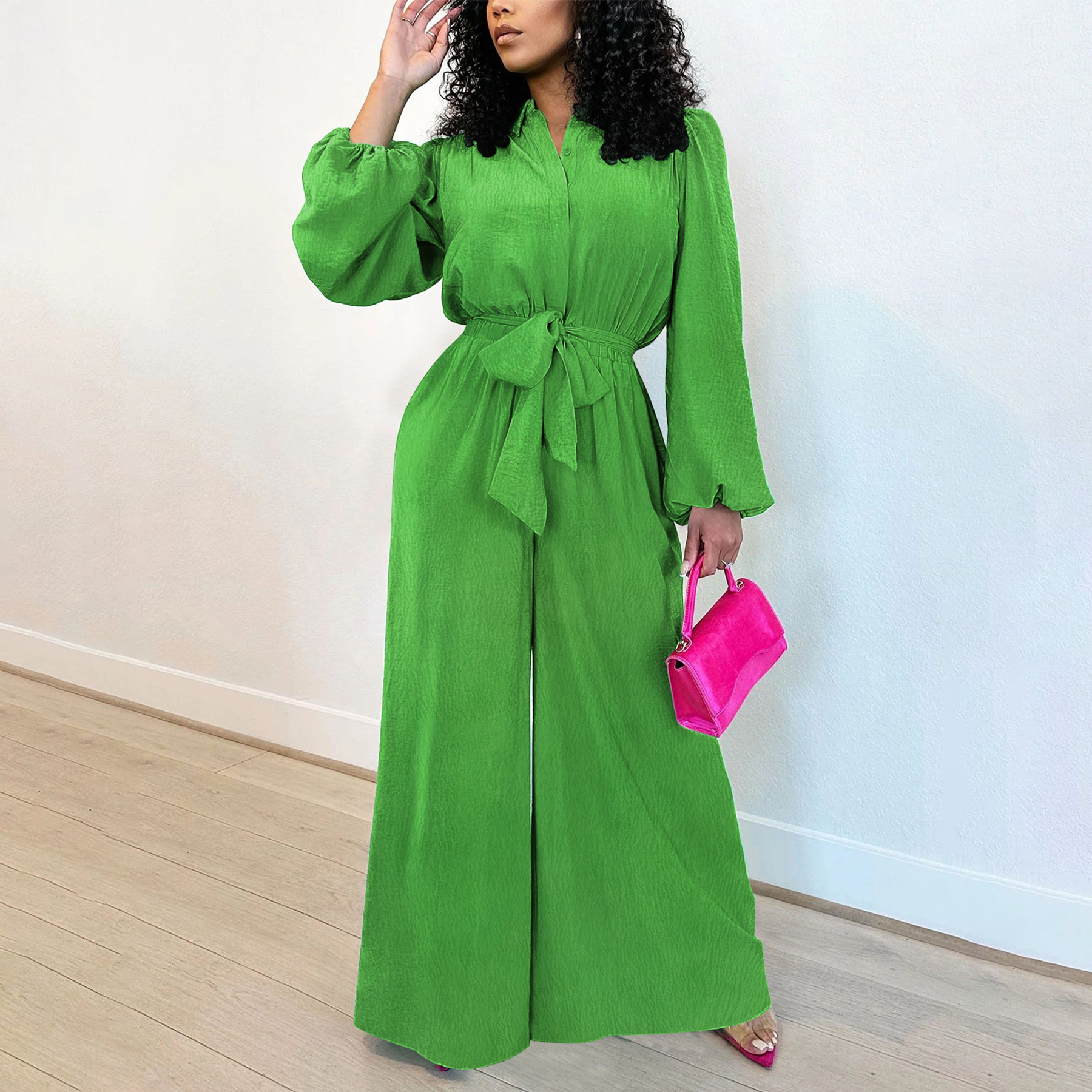 X20051 Cross-Border Exclusive Amazon European and American Fashion Women's Lantern Sleeve Solid Color Waist-Tie Wide-Leg Jumpsuit