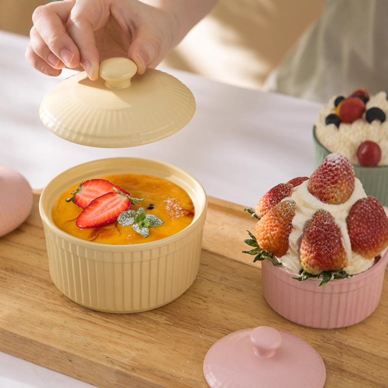 Ceramic Soufflé Baking Bowl with Lid, Pudding Bowl, Household Steamed Egg Bowl, Yogurt Bowl, Dessert Bowl, Oven Baking Tableware