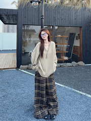 慵懒风套装宽松杏色针织衫女2025秋季新款复古格子阔腿长裤两件套
