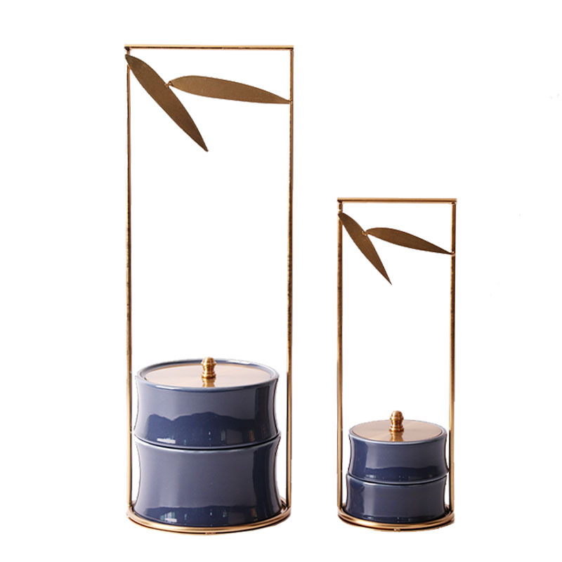 创意新中式金属陶瓷禅意竹节罐蓝色储物罐提盒摆件客厅玄关装饰品