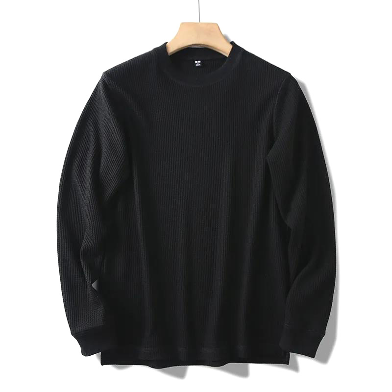 Herren Waffelstrick Langarm T-shirt Rundhalsausschnitt Freizeit_voghion.com