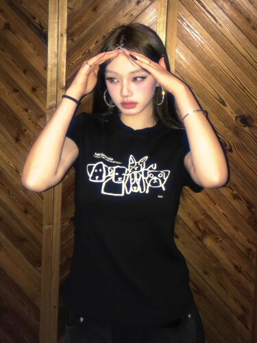 Sweet and Spicy Pink Short-Sleeve Women's Summer New Dog Print Cross-Shoulder T-Shirt Slim Fit Teenage Girl Style Short Top Trendy