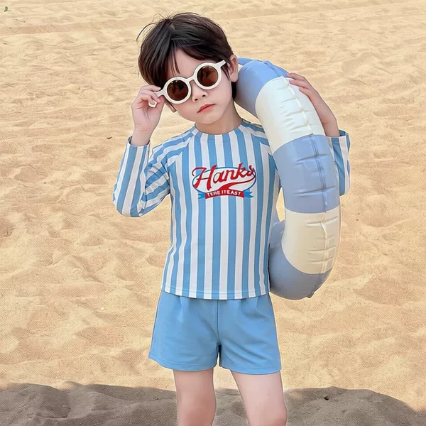 Boys' Swimwear 2026 New Style Children's Two-Piece Long-Sleeve Striped Sun-Protective Swimsuit Baby Beach Vacation Set Trendy
