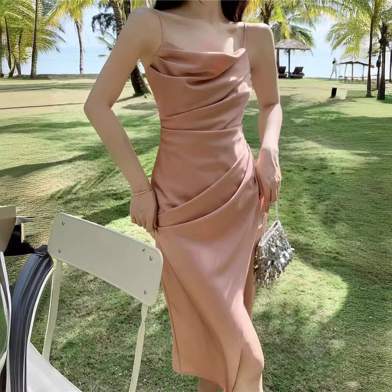 High-grade Acetic Satin Dress Women's Summer Elegant French Style Tea Break Sexy Pleated Split Strap Long Dress High-grade Acetic Satin Dress Women's Summer Elegant French Style Tea Break Sexy Pleated Split Strap Long Dress