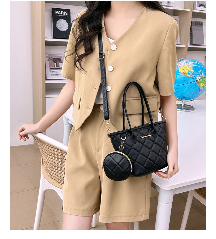 Single Shoulder Strap Strap Type Women's Medium Pu Leather Argyle Streetwear Sewing Thread Bucket Zipper Tote Bag