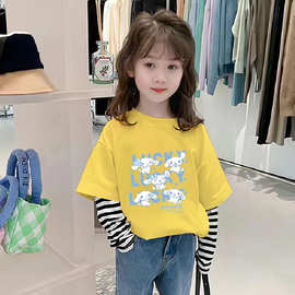 女童纯棉长袖T恤春秋中小童假两件上衣圆领打底衫女宝宝休闲秋装