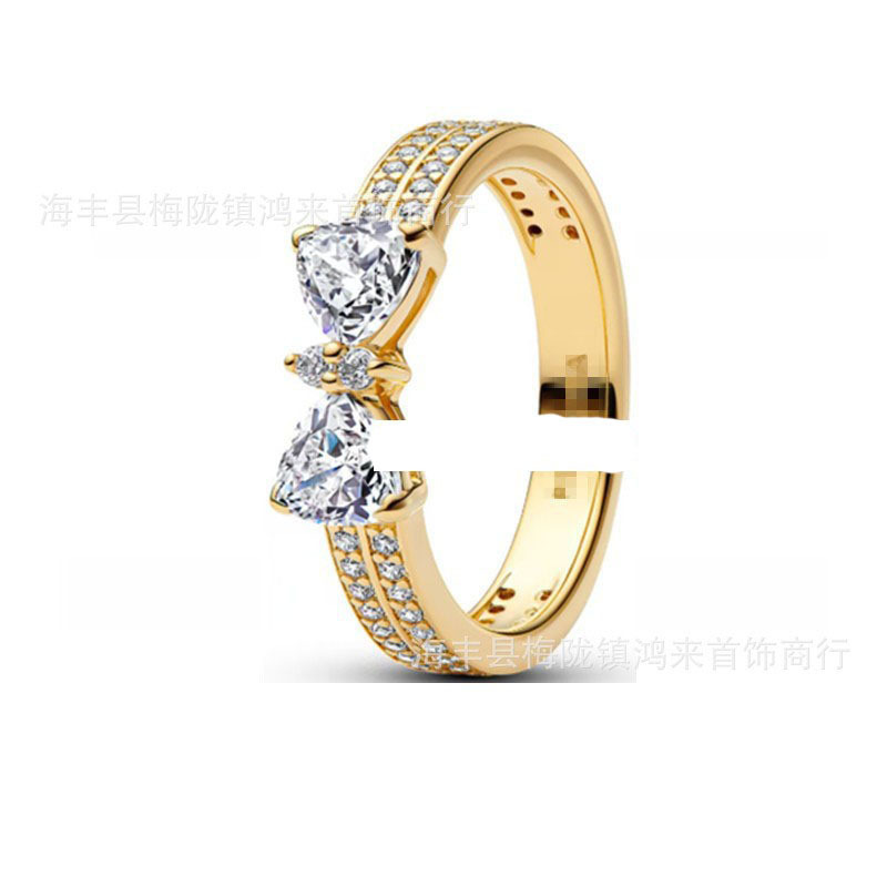 潘家白铜镀银镶钻红玫瑰花蝴蝶结简约爱心对戒卡通人物雪花系列|undefined