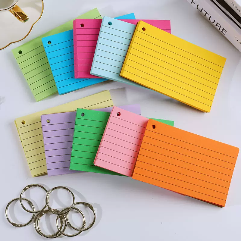 跨境美式便携横线索引卡便签本加厚带铁环牛皮封面活页本彩色单词