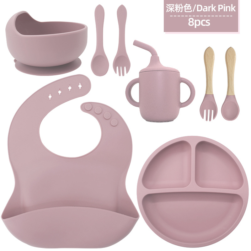 Juego de vajilla de silicona para niños, tazón de alimentos suplementarios, cuchara de silicona para bebé, tazón de silicona, vajilla de silicona, juego de ocho piezas de grado alimenticio