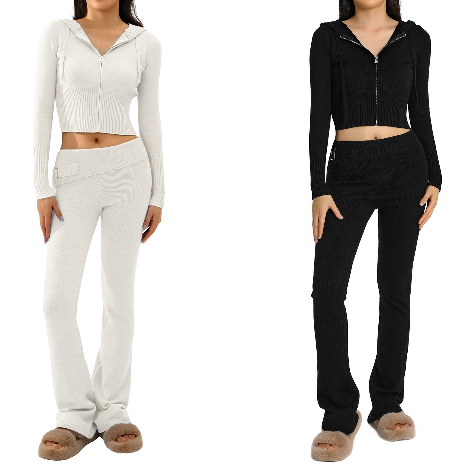 Ensemble deux pièces en tricot à capuche pour femme, pantalon sexy à manches longues et taille haute, à la mode_voghion.com