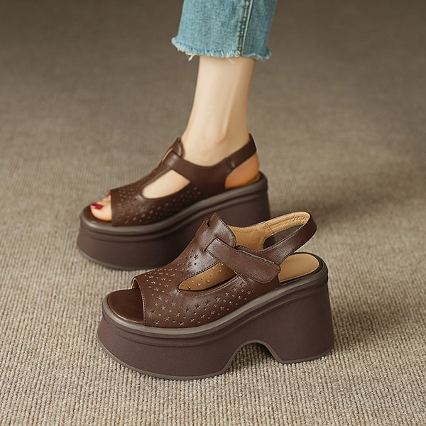 Sandal cao gót nữ đế xuồng mũi hở quai Velcro — Màu nâu, Màu đen