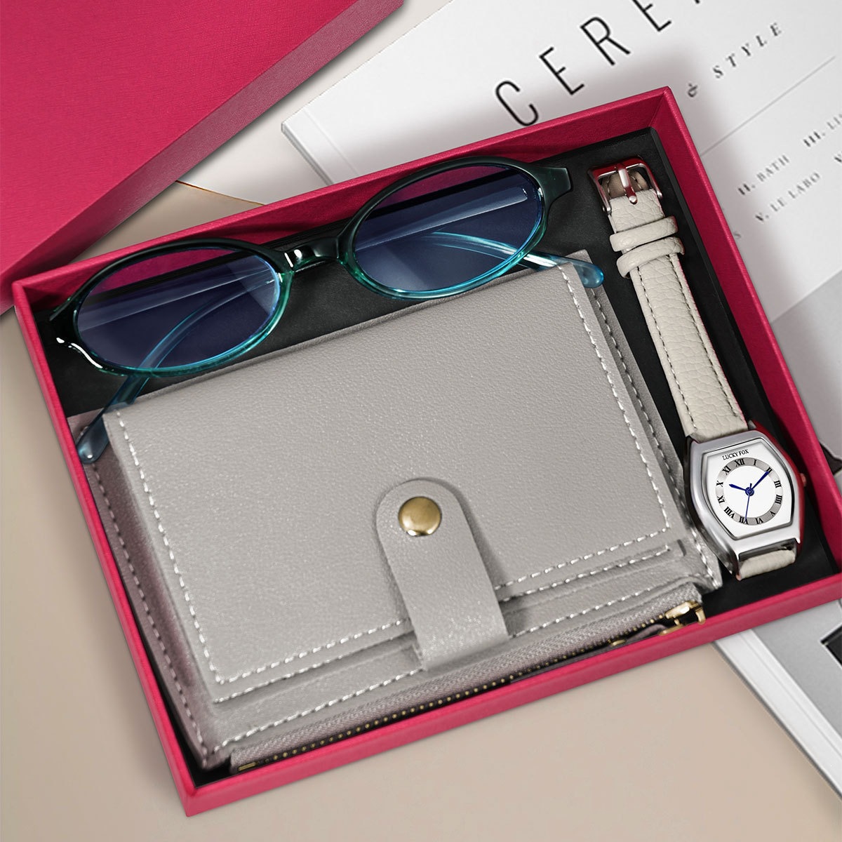 Luckyfox Cross-Border Popular Retro Women's Quartz Watch with Card Holder, Wallet, Glasses, and Gift Set Box