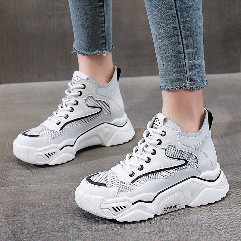 2022 Summer Thickened Breathable Mesh Genuine Leather Trendy High-Top Casual Dad Shoes for Women with Hollow Mesh