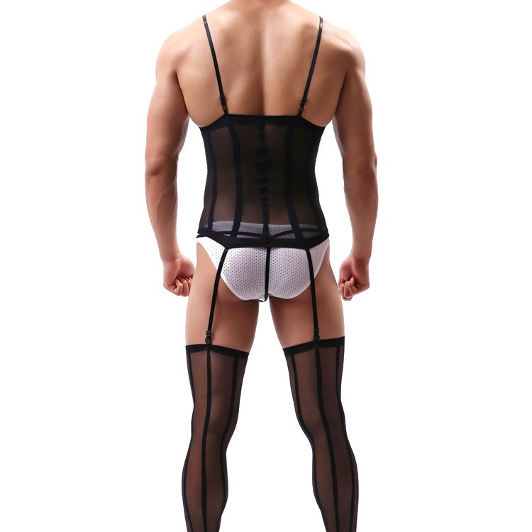 男性の縦のストライプのワンピースの透明な3つのセットの男性のワンピースのストッキングの透明なシルクの滑り