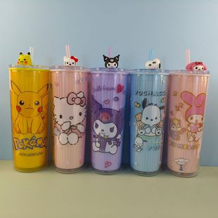 New Doll Vertical Stripesd Straight Cup Sanrio Double-Layer Plastic Straw Ice Cup with Doll Cross-Border Factory Supply