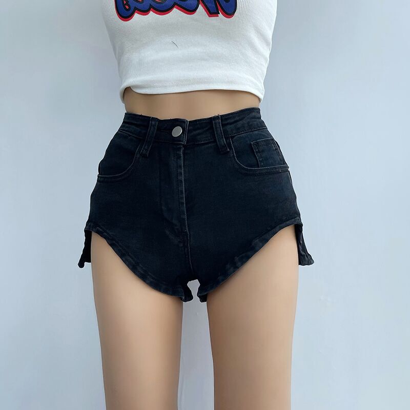 Summer Long Leg Hot Pants High Waist Slimming Tight Hip Elastic Irregular Showing Leg Long Short Denim Shorts for Women